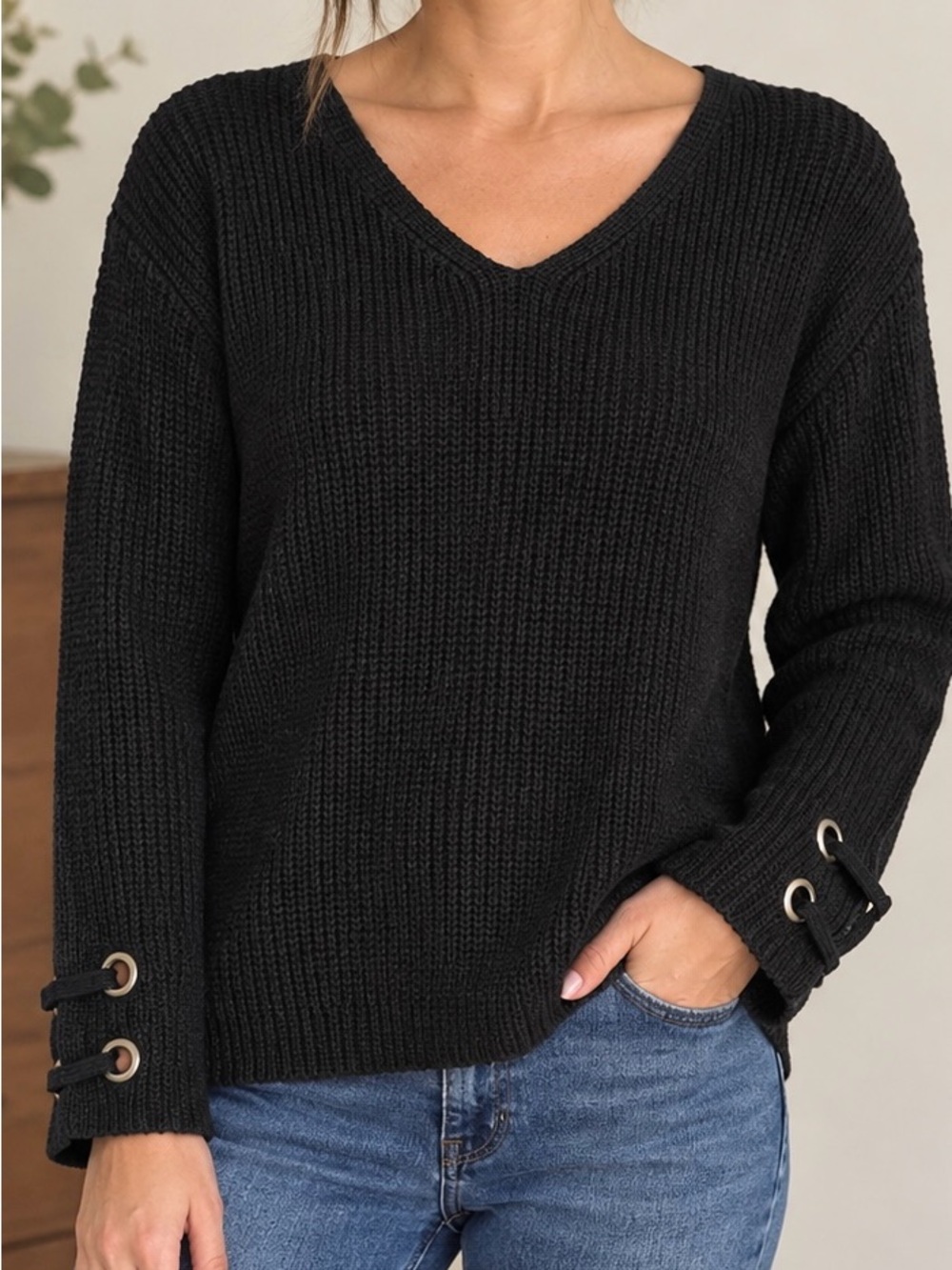 Active USA Women’s Small Sweater Cotton Blend Black Boho Chunky Knit
